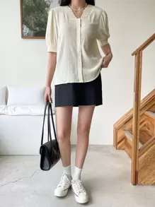 DAZY Guipure Lace Panel Puff Sleeve Blouse - Beige - View 7