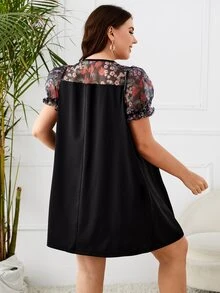 SHEIN Plus Floral Print Contrast Mesh Puff Sleeve Dress - Black - View 4