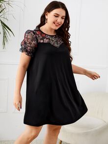 SHEIN Plus Floral Print Contrast Mesh Puff Sleeve Dress - Black - View 2