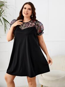 SHEIN Plus Floral Print Contrast Mesh Puff Sleeve Dress - Black - View 6