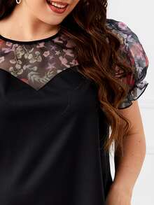 SHEIN Plus Floral Print Contrast Mesh Puff Sleeve Dress - Black - View 5
