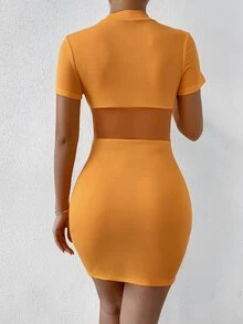 SHEIN SXY Mesh Insert Mock Neck Bodycon Dress - Orange - View 2