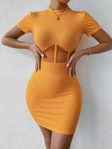 SHEIN SXY Mesh Insert Mock Neck Bodycon Dress - Orange - View 3
