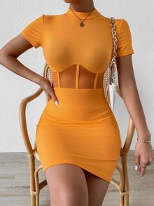 SHEIN SXY Mesh Insert Mock Neck Bodycon Dress - Orange - View 4