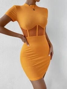 SHEIN SXY Mesh Insert Mock Neck Bodycon Dress - Orange - View 6