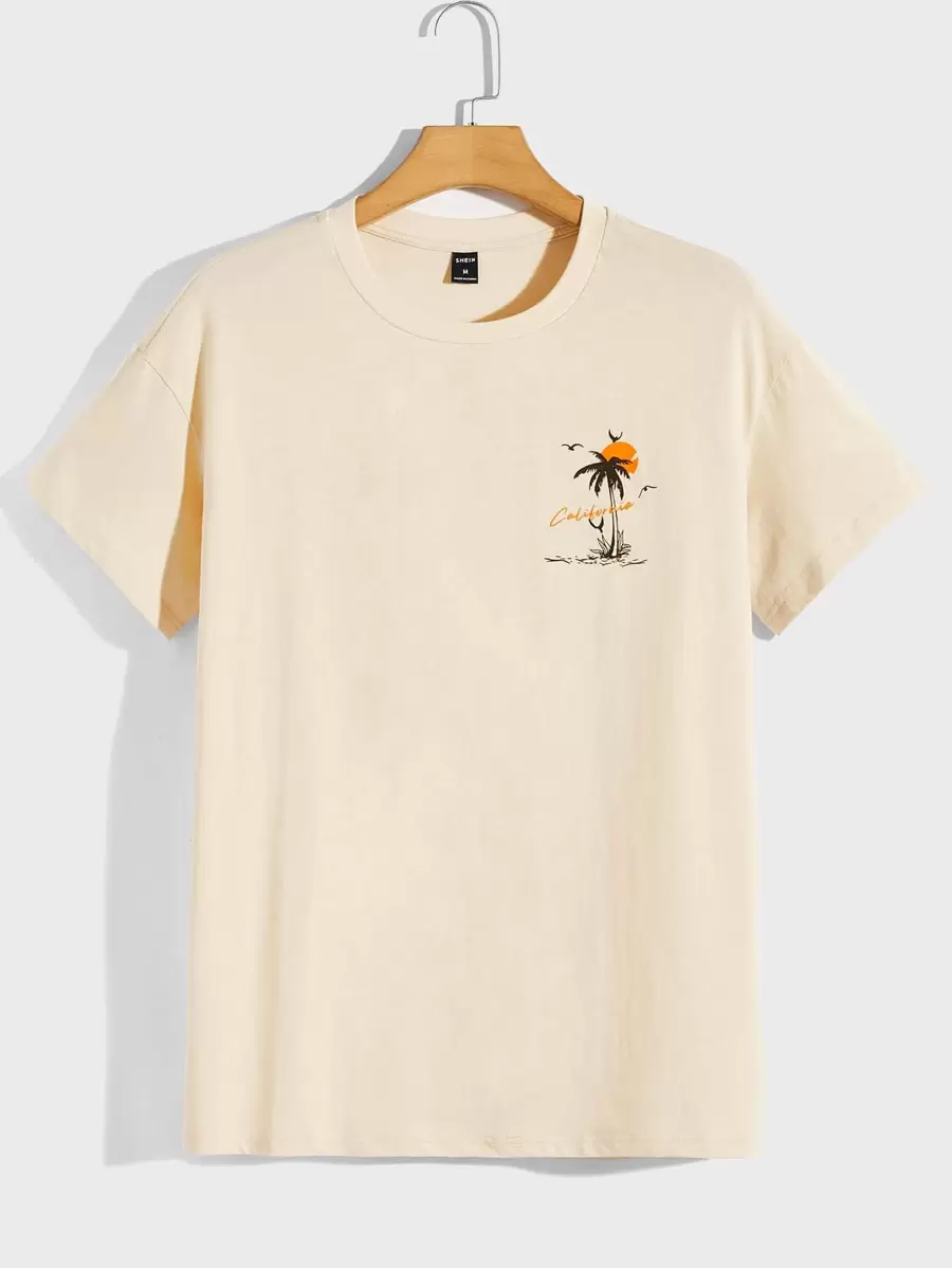 Manfinity VCAY Áo thun nam họa tiết nhiệt đới và chữ cái dáng rộng - Màu Khaki - Xem 1