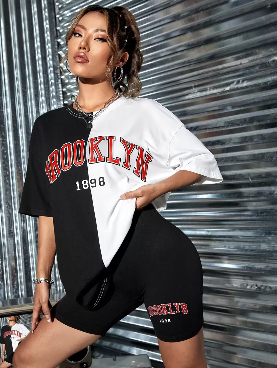 SHEIN EZwear Bộ đồ hai mảnh nữ Khối Màu Lá thư Giải trí - Đen và trắng - Xem 1