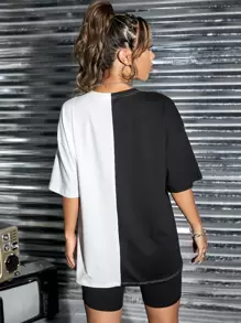 SHEIN EZwear Bộ đồ hai mảnh nữ Khối Màu Lá thư Giải trí - Đen và trắng - Xem 2