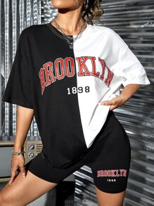 SHEIN EZwear Bộ đồ hai mảnh nữ Khối Màu Lá thư Giải trí - Đen và trắng - Xem 3