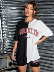 SHEIN EZwear Bộ đồ hai mảnh nữ Khối Màu Lá thư Giải trí - Đen và trắng - Xem 4