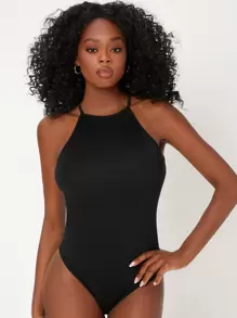 SHEIN BASICS Body unicolor de cuello halter - Negro - Ver 1