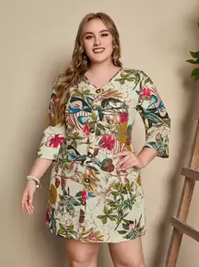 EMERY ROSE Plus Plant Print Button Front Dress - Multicolor - View 1