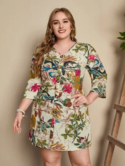 EMERY ROSE Plus Plant Print Button Front Dress