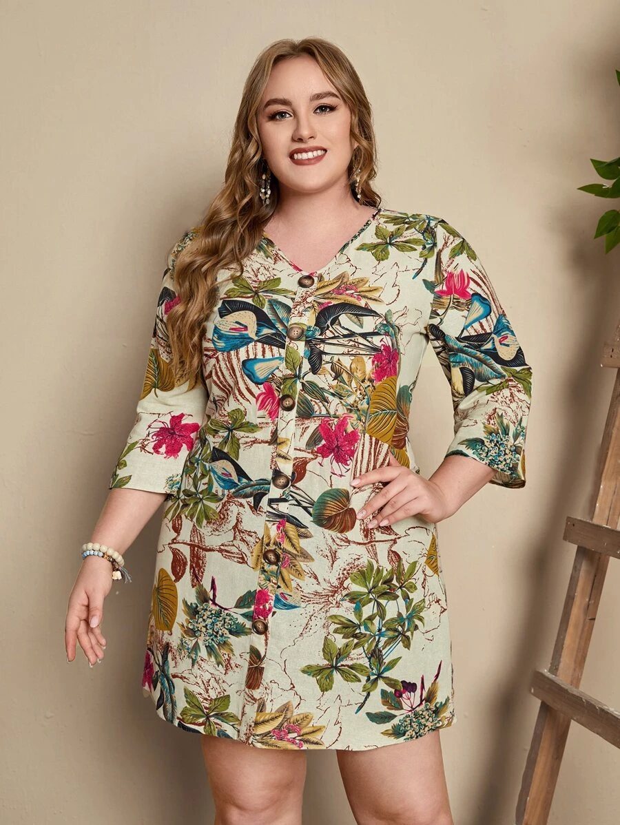 EMERY ROSE Plus Plant Print Button Front Dress - Multicolor - View 1
