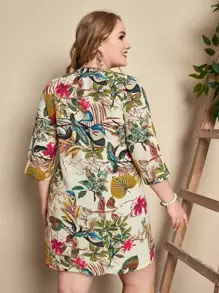 EMERY ROSE Plus Plant Print Button Front Dress - Multicolor - View 2