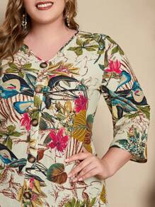 EMERY ROSE Plus Plant Print Button Front Dress - Multicolor - View 5