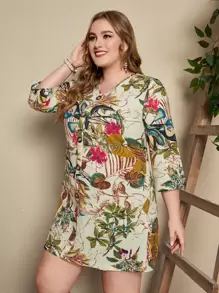 EMERY ROSE Plus Plant Print Button Front Dress - Multicolor - View 3