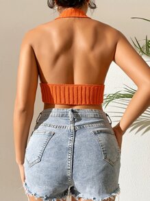 Backless Lettuce Trim Halter Knit Top - Orange - View 2