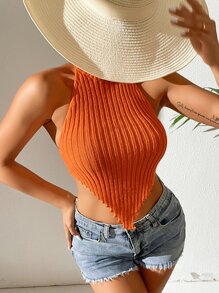 Backless Lettuce Trim Halter Knit Top - Orange - View 3