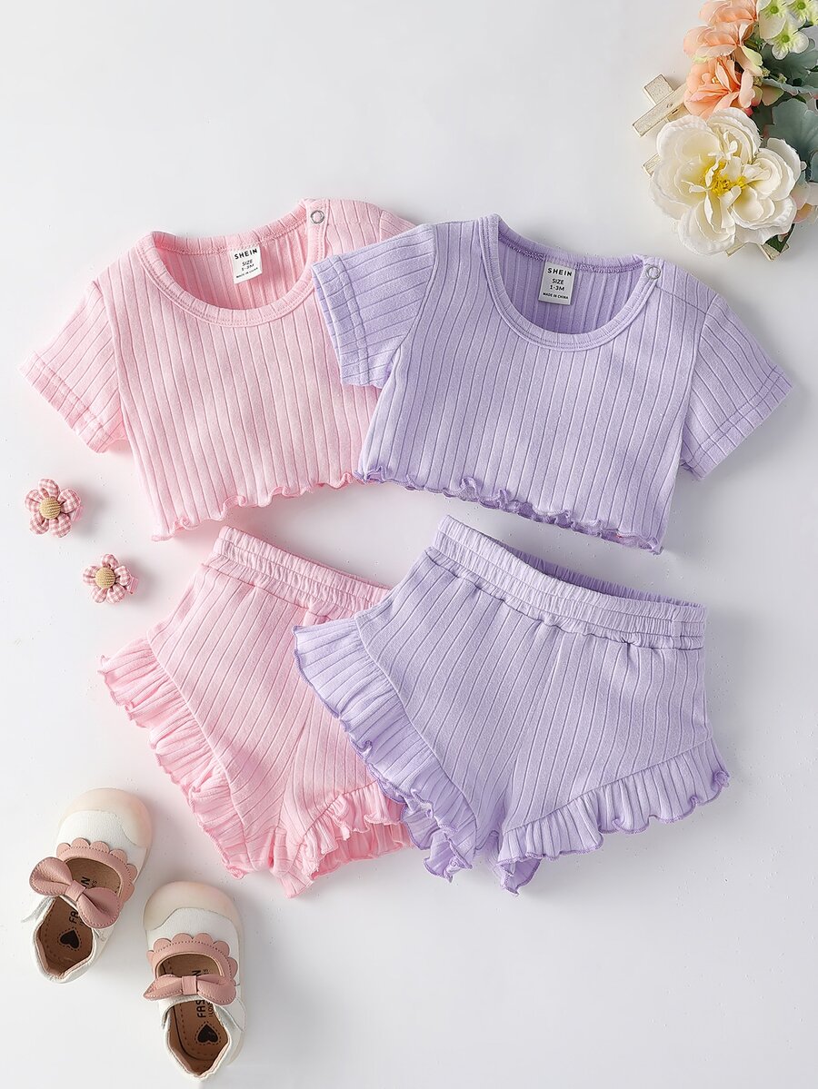 Bebé 2 piezas tejido de canalé ribete en forma de lechuga Camiseta & 2 piezas bajo con fruncido Shorts - Multicolor - Ver 1