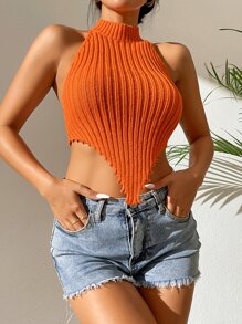 Backless Lettuce Trim Halter Knit Top - Orange - View 5