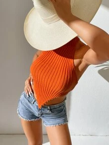 Backless Lettuce Trim Halter Knit Top - Orange - View 6
