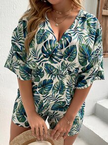 SHEIN Holidaya Plus Tropical Print Batwing Sleeve Romper - Multicolor - View 4
