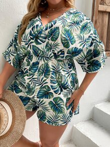 SHEIN Holidaya Plus Tropical Print Batwing Sleeve Romper - Multicolor - View 5