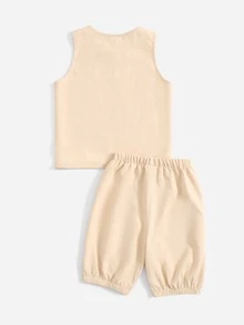 SHEIN Toddler Boys Single Button Tank Top & Shorts - Khaki - View 2