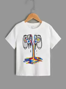 SHEIN Tween Boy Summer Leisure Homogeneous Small Round Neck Short Sleeve Knitted Fabric Video Game Printed T-Shirt - White - View 1