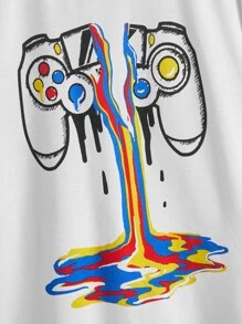 SHEIN Tween Boy Summer Leisure Homogeneous Small Round Neck Short Sleeve Knitted Fabric Video Game Printed T-Shirt - White - View 3
