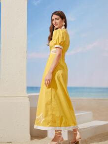 Mulvari Geo Embroidery Puff Sleeve Contrast Trim Cut Out Dress - Yellow - View 2