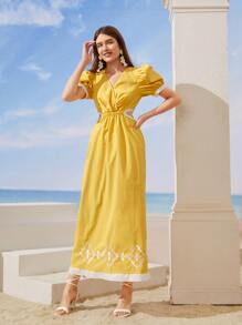 Mulvari Geo Embroidery Puff Sleeve Contrast Trim Cut Out Dress - Yellow - View 3