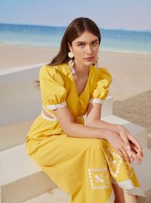 Mulvari Geo Embroidery Puff Sleeve Contrast Trim Cut Out Dress - Yellow - View 4
