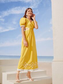 Mulvari Geo Embroidery Puff Sleeve Contrast Trim Cut Out Dress - Yellow - View 5