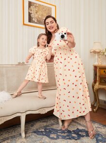 Mulvari 大碼1入組蝴蝶結圖案泡泡袖連衣裙