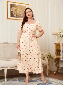 Mulvari 大碼1入組蝴蝶結圖案泡泡袖連衣裙