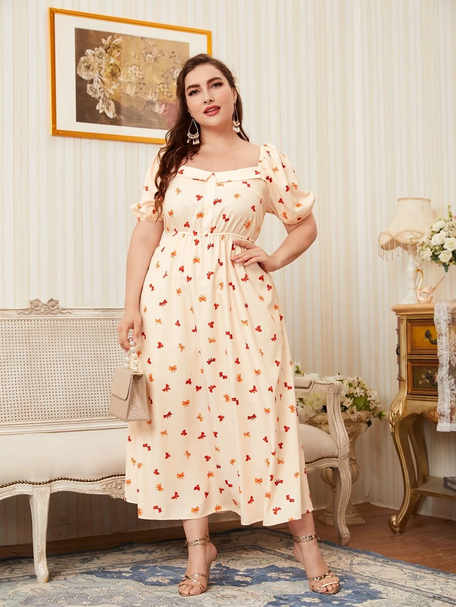 Mulvari 大碼1入組蝴蝶結圖案泡泡袖連衣裙