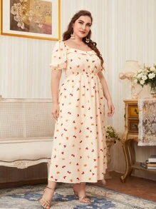 Mulvari 大碼1入組蝴蝶結圖案泡泡袖連衣裙