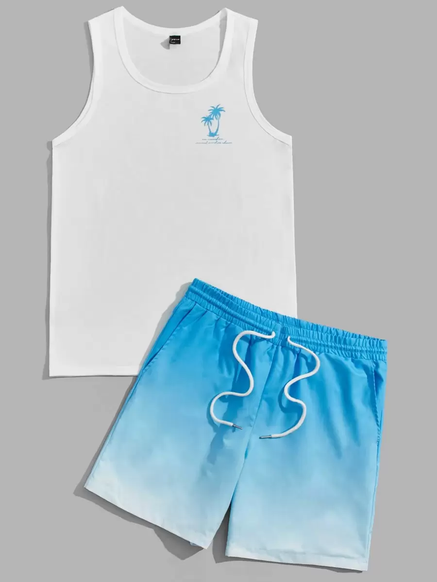 Manfinity VCAY Men Letter & Palm Tree Print Tank Top & Ombre Drawstring Waist Shorts