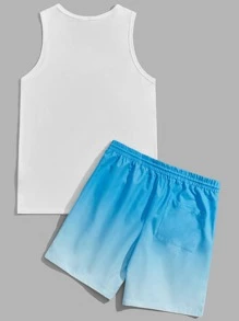 Manfinity VCAY Men Letter & Palm Tree Print Tank Top & Ombre Drawstring Waist Shorts