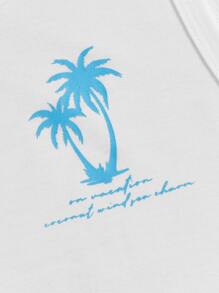 Manfinity VCAY Men Letter & Palm Tree Print Tank Top & Ombre Drawstring Waist Shorts