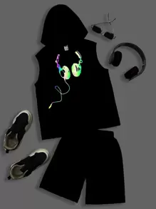SHEIN Tween Boy Reflective Headphone Print Hooded Tank Top & Shorts - Black - View 1