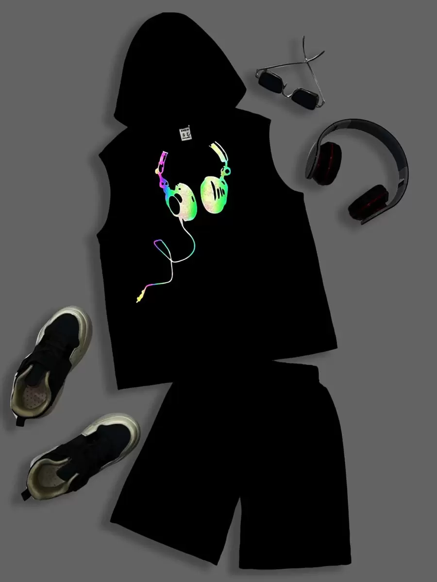 SHEIN Tween Boy Reflective Headphone Print Hooded Tank Top & Shorts - Black - View 1
