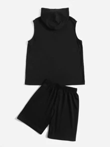SHEIN Tween Boy Reflective Headphone Print Hooded Tank Top & Shorts - Black - View 2