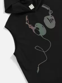 SHEIN Tween Boy Reflective Headphone Print Hooded Tank Top & Shorts - Black - View 4