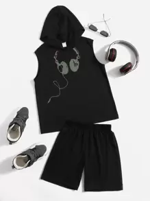 SHEIN Tween Boy Reflective Headphone Print Hooded Tank Top & Shorts - Black - View 5