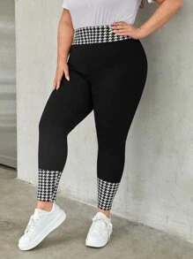 SHEIN LUNE Plus Houndstooth Wideband Waist Leggings - Black - View 3