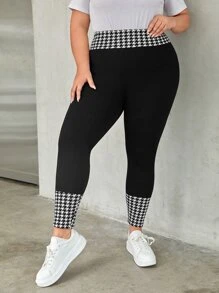 SHEIN LUNE Plus Houndstooth Wideband Waist Leggings - Black - View 4