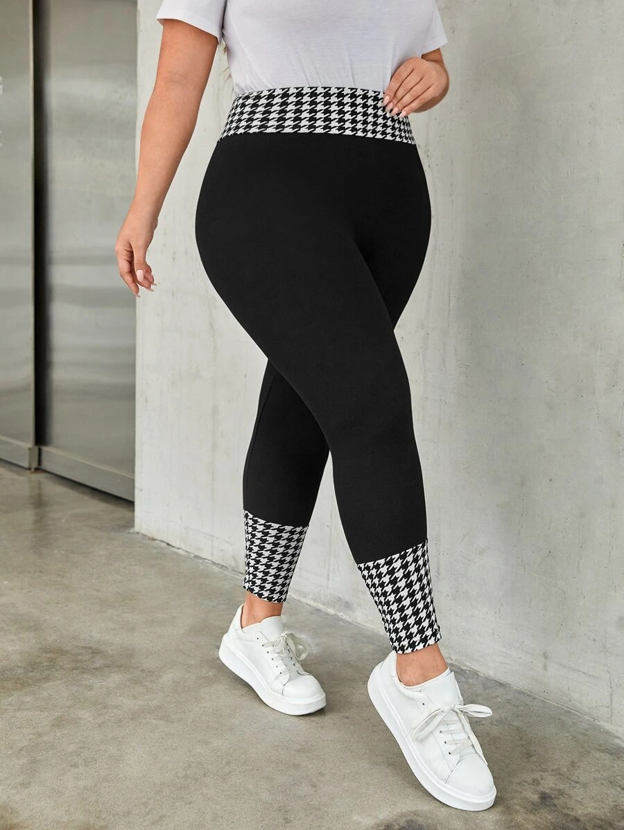 SHEIN LUNE Plus Houndstooth Wideband Waist Leggings - Black - View 1